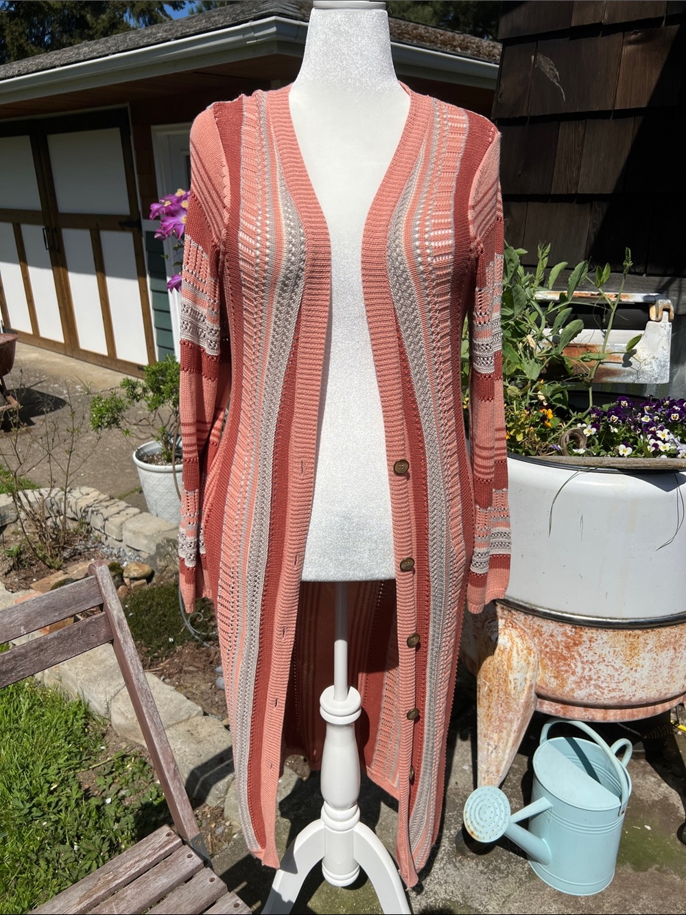 Source Unknown Coral and Cream Open Front Long Knit Cardigan